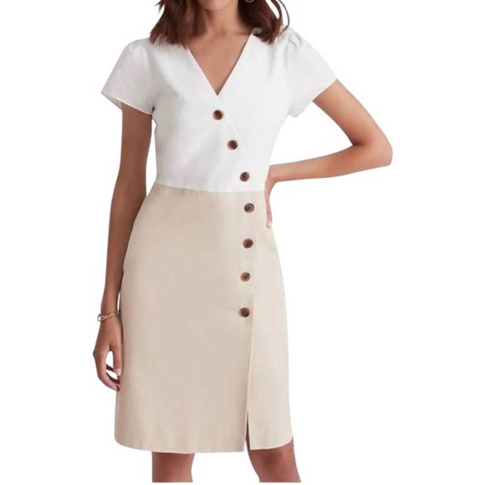 Ann Taylor - Linen Blend Button Trim V neck Shift Dress - White/Beige - Size 4